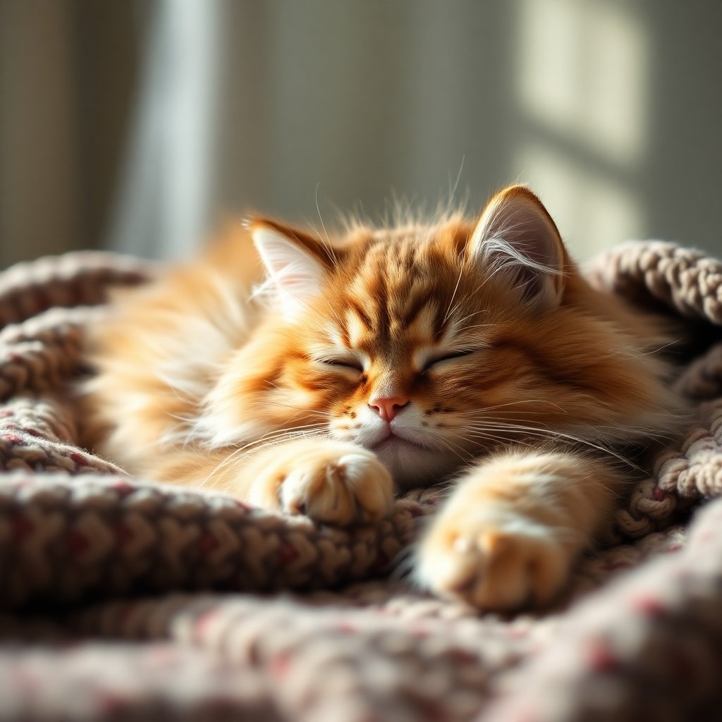 A beautiful cinematic photo of a fluffy cat sleeping peacefully on a cozy blanket, soft natural lighting, high detail