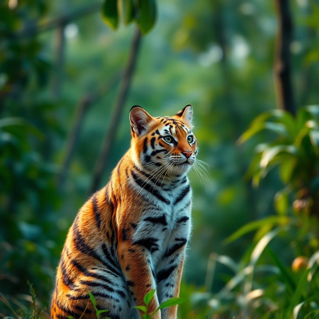 A majestic cat sitting tall, looking like a small tiger, jungle background, cinematic lighting