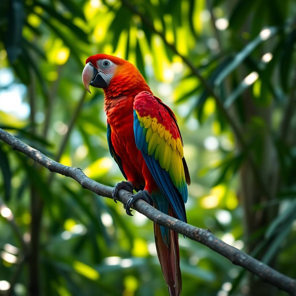 A vibrant scarlet macaw parrot perched on a tropical branch, colorful feathers in red yellow and blue, sunlight filtering through rainforest leaves, cinematic photography