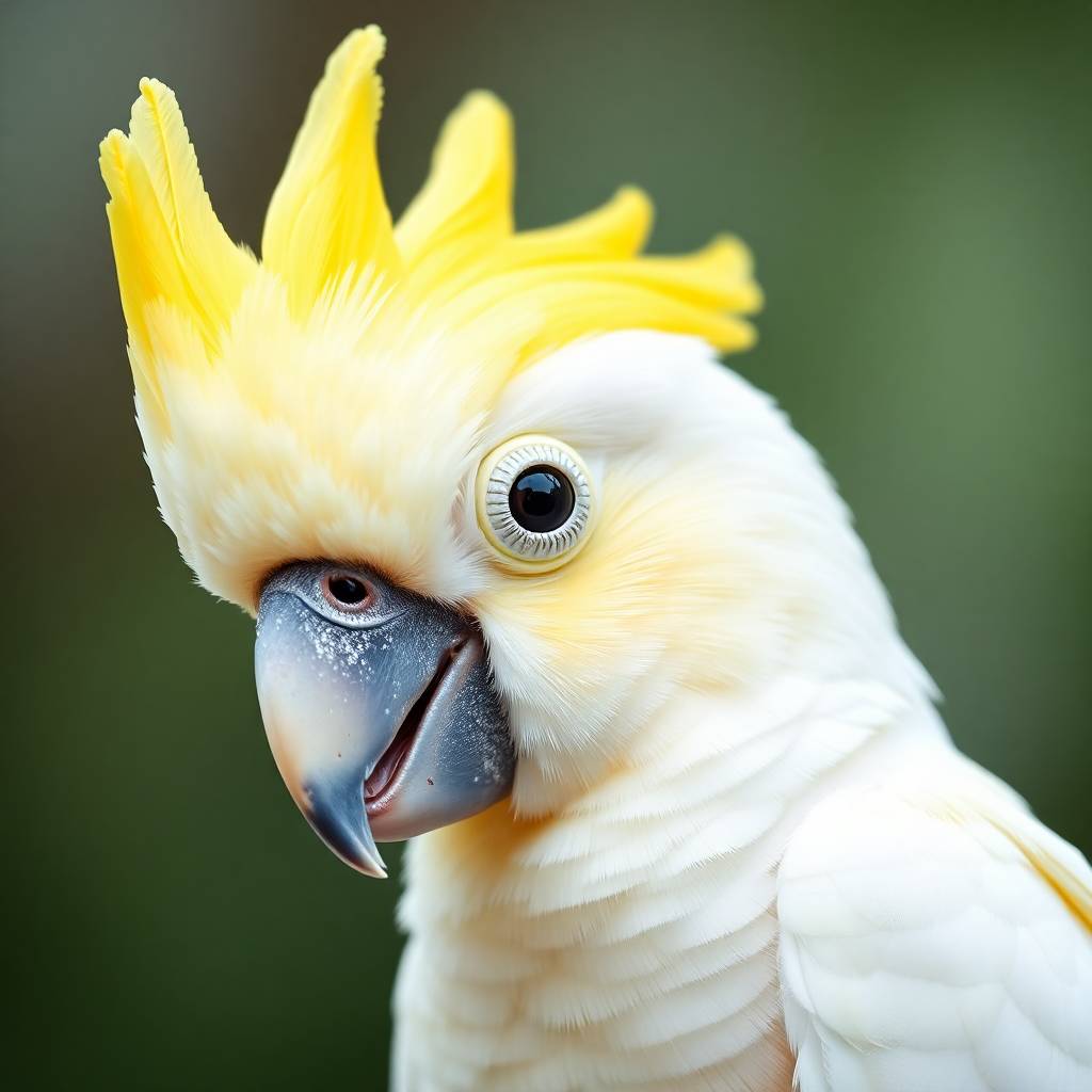A cute cockatoo parrot with white feathers and yellow crest, close up portrait, soft natural lighting, high detail