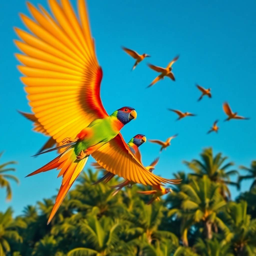 A flock of colorful lorikeet parrots flying in the blue sky over tropical forest, motion blur wings, golden hour lighting, majestic