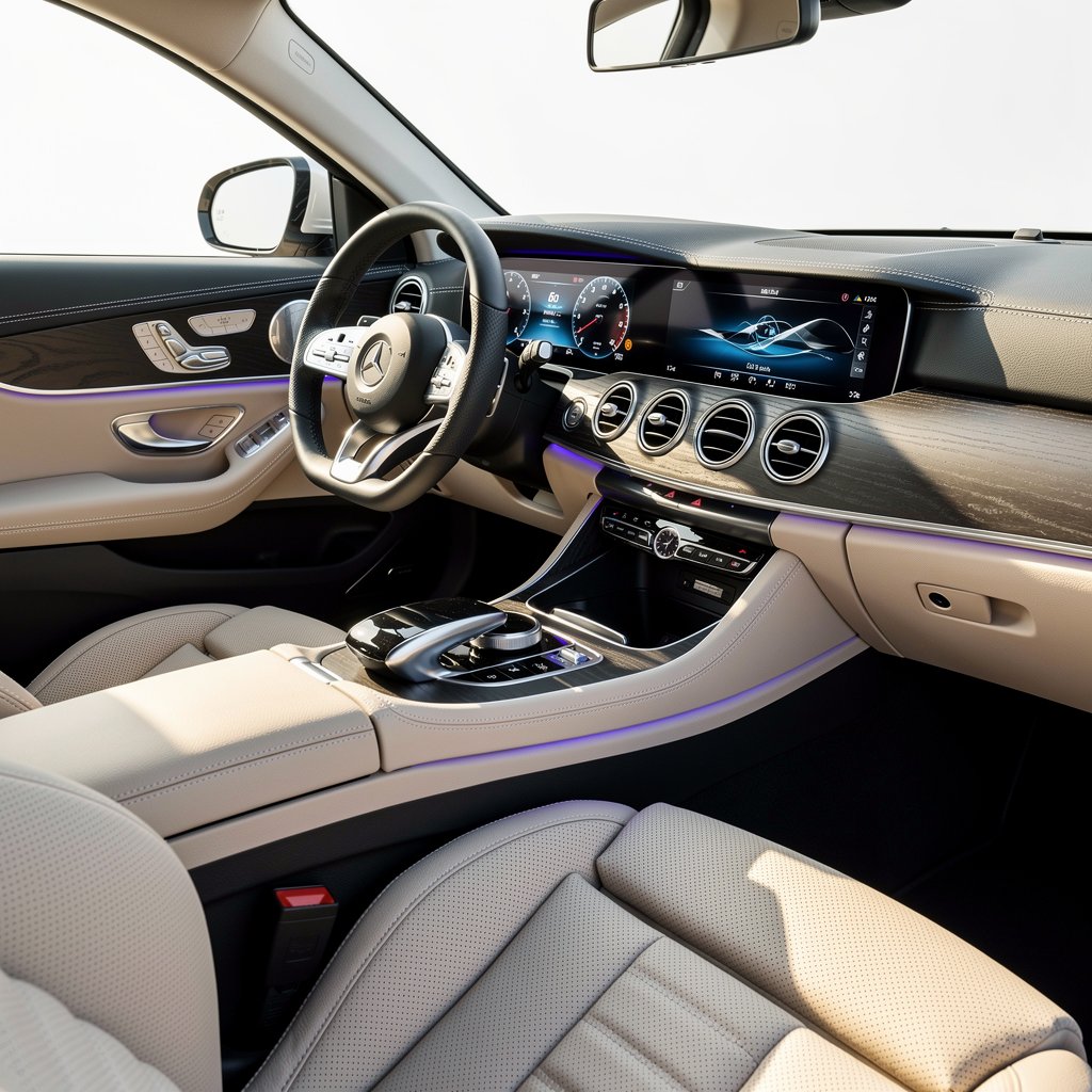 High-quality, professional photography of a modern luxury car interior, minimalist dashboard, ambient lighting, high-tech displays, premium leather seats, daylight, wide angle.